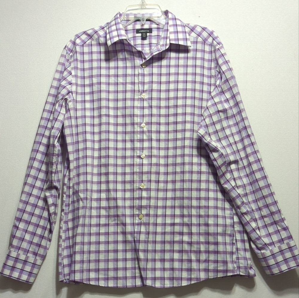 Claiborne Mens Long Sleeve Size Med (16) Button Up Purple & White Plaid‎ 629